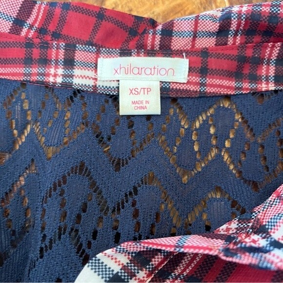 Xhilaration Sheer Pink Plaid Rolled Tab Long Sleeve Button Down Collared Shirt - Picture 4 of 5